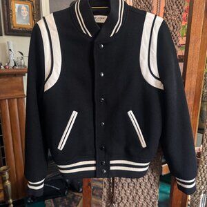 Saint Laurent Teddy Wool-Blend Bomber Jacket Size 38 Black and White